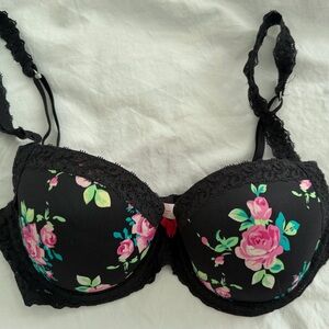 PINK Victoria's Secret Black Bra with Pink Floral Design